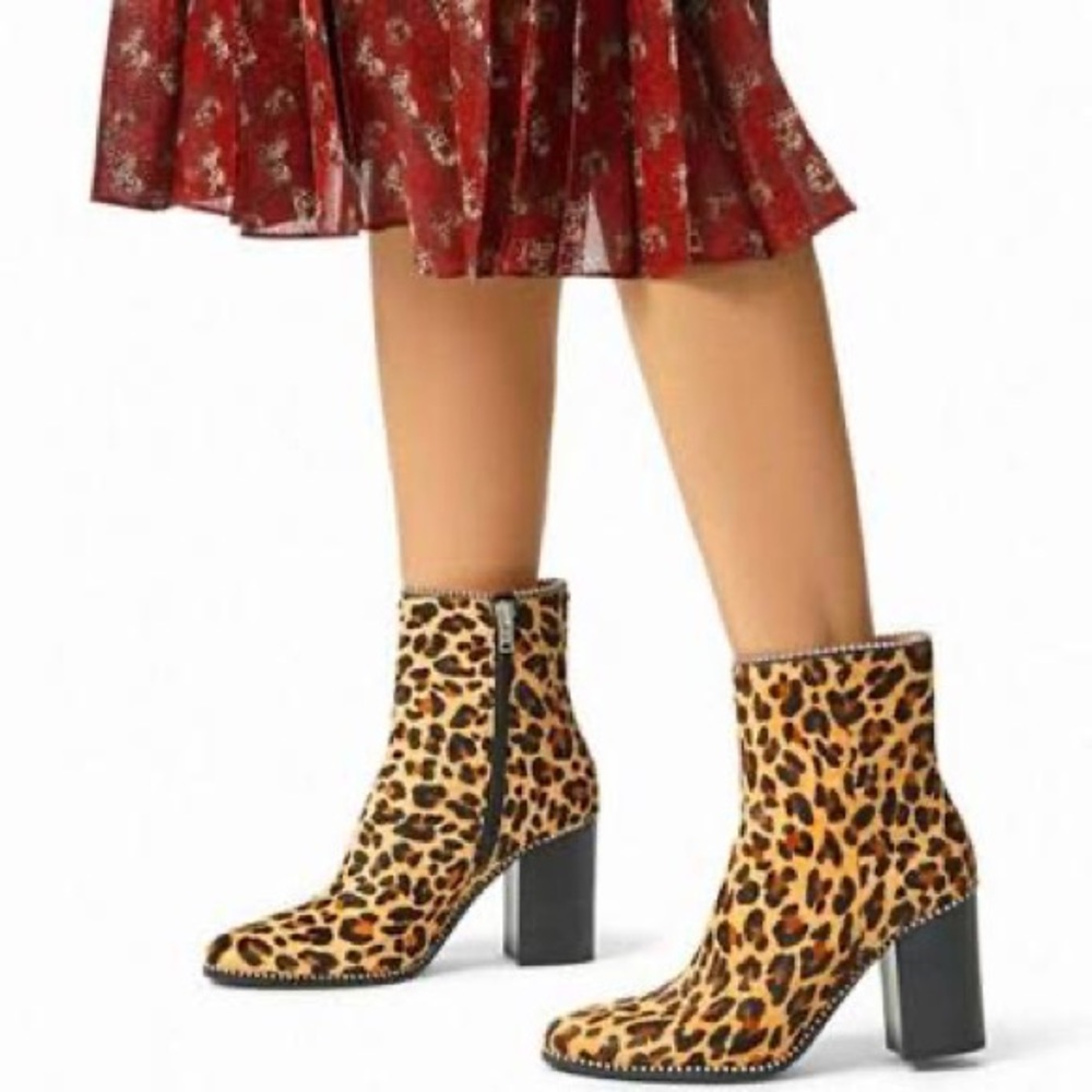 Coach Womens Drea Bead Chain Leopard Stacked Heeled Ankle Boots Calf Hair Size 9